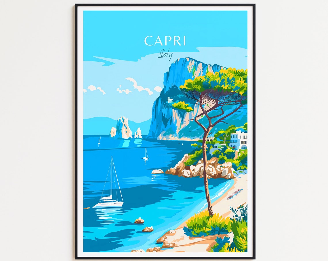 Capri Italy Faraglioni Rocks Sailboats Beach Pine Coast Poster
