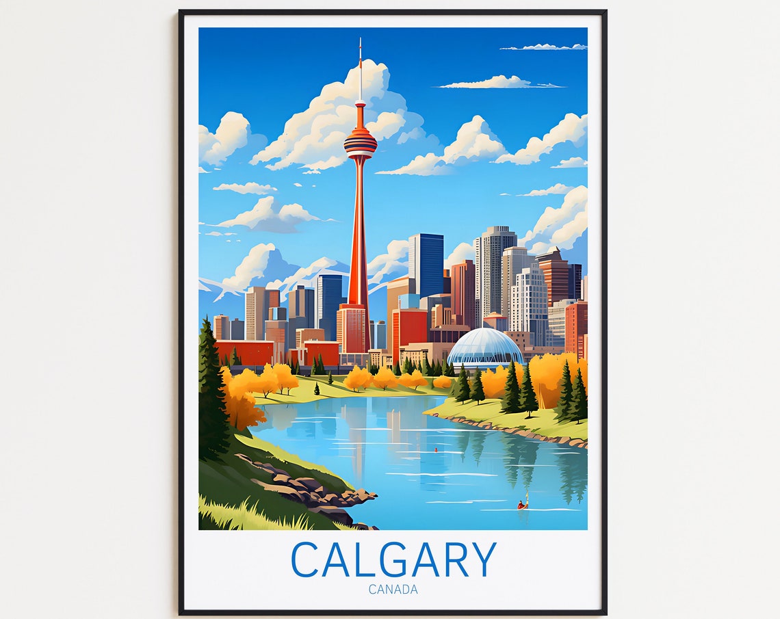 Calgary Canada Riverfront Skyline Fall Colors Travel Art Poster