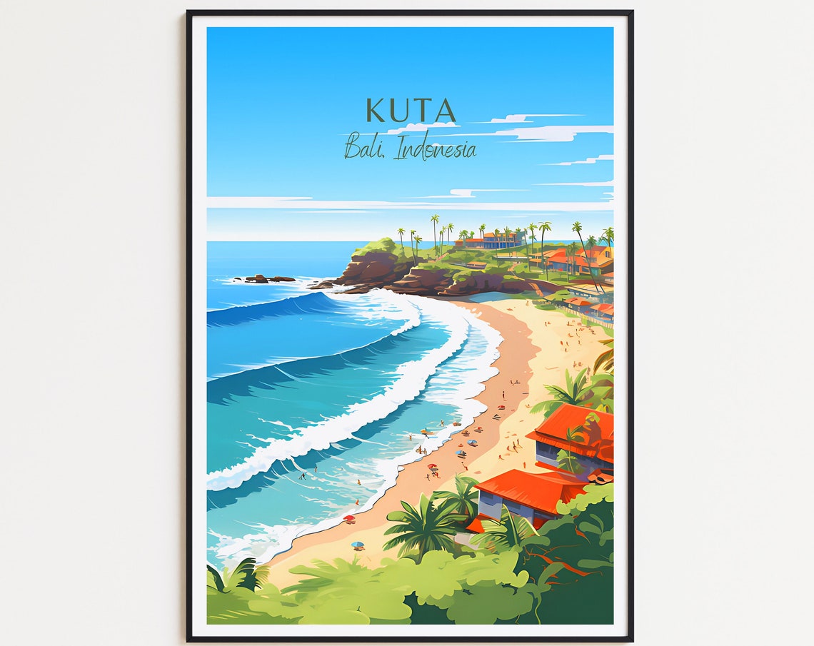 Kuta Bali Indonesia Beach Surf Waves Palm Trees Travel Poster