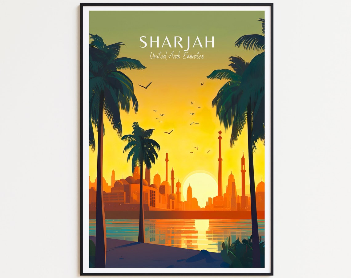 Sharjah UAE Lagoon Sunset Palms Mosque Silhouette Travel Poster