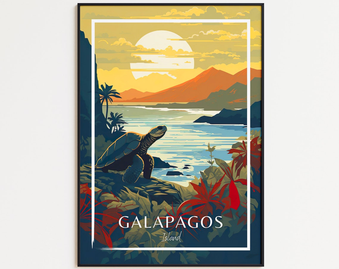 Galapagos Island Tortoise Rocky Shore Sunset View Travel Poster