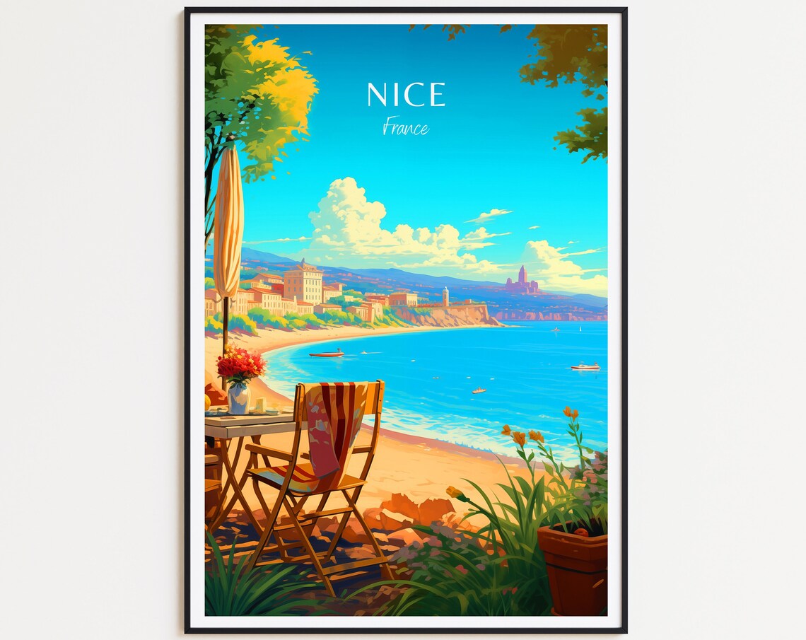 Nice France Coastal Cafe Bay Vintage Riviera Travel Scenic Wall Poster