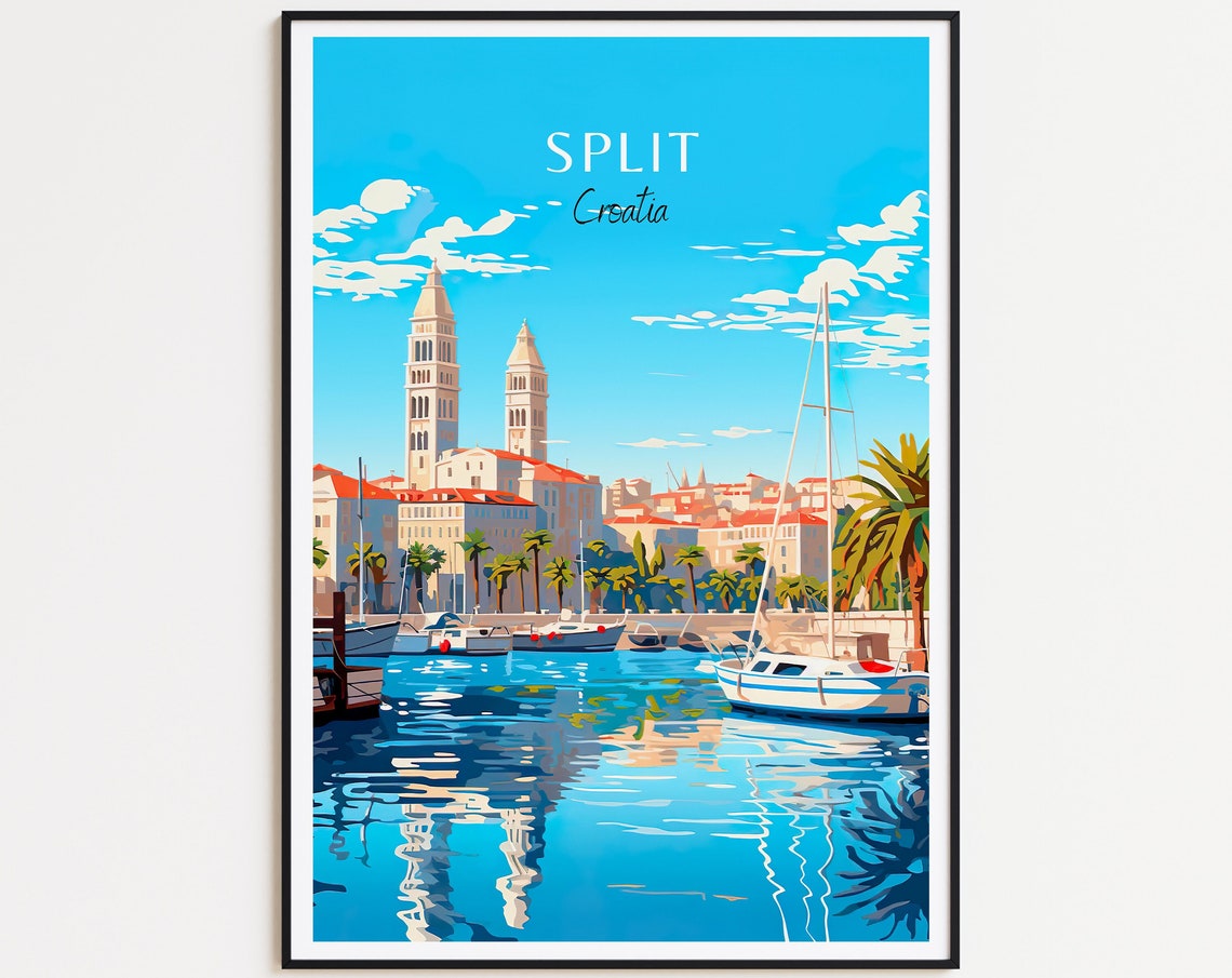 Split Croatia Harbor Bell Towers Boats Vintage Travel Poster