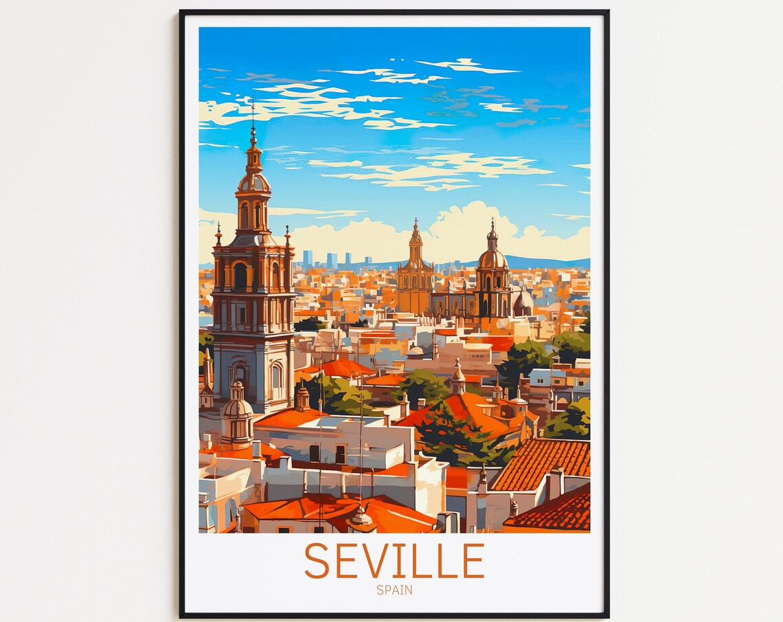 Seville Spain Giralda Tower Terracotta Rooftops Vintage Travel Poster