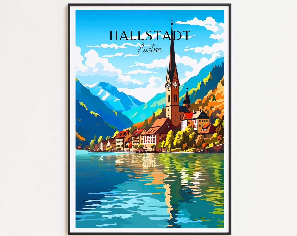 Hallstatt Austria Lakeside Village Church Spire Lake View Poster