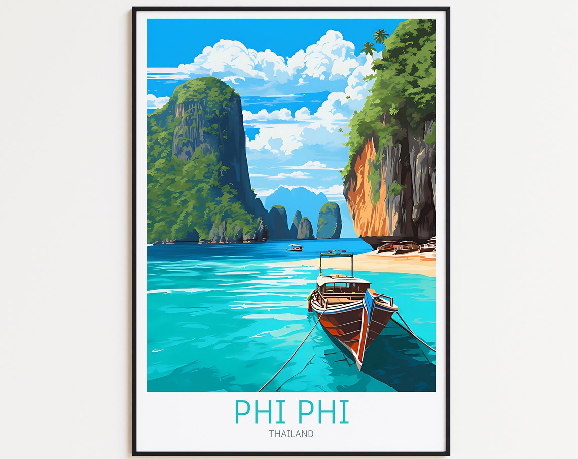 Phi Phi Thailand Karst Cliffs Longtail Boat Bay Travel Poster