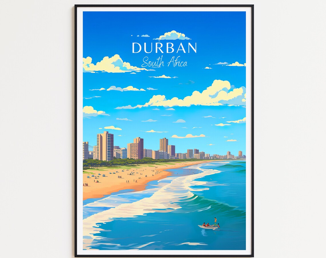 Durban South Africa Beach City Skyline Surf Vintage Travel Poster