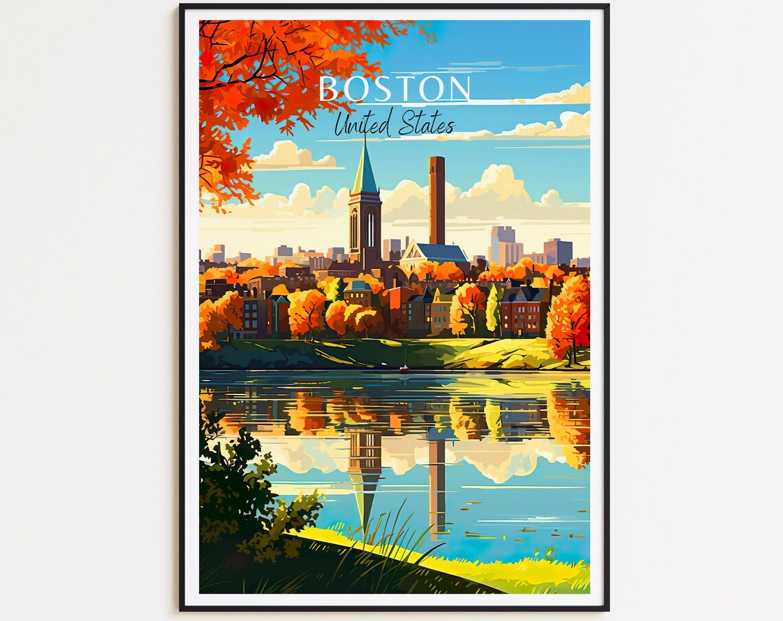 Boston USA Autumn City River Fall Foliage Illustrated Travel Poster