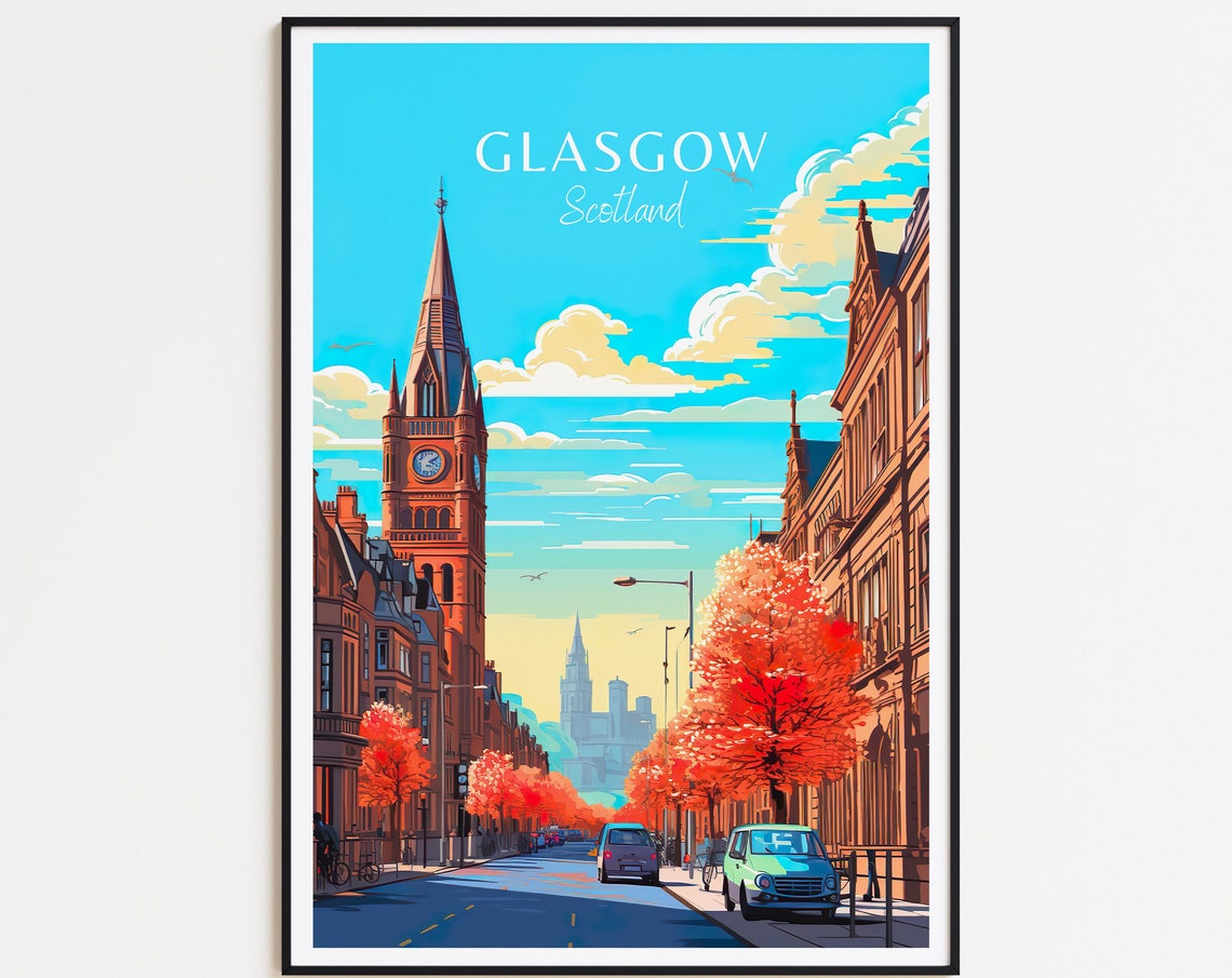 Glasgow Scotland Autumn Clock Tower Red Foliage Street Poster