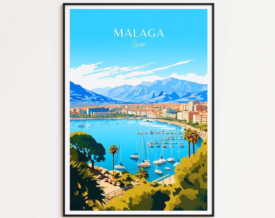Malaga Spain Marina Sailboats Mountain View Coastal City Poster