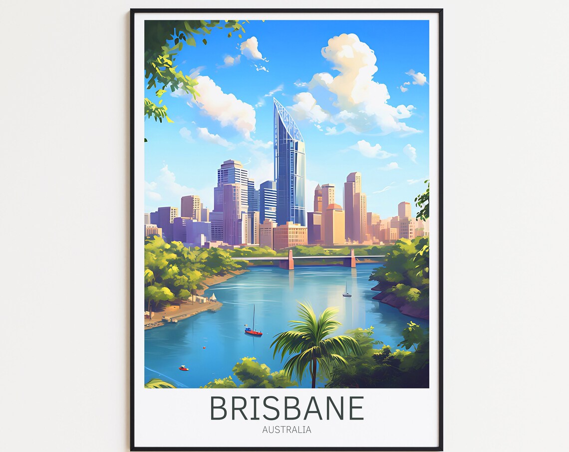 Brisbane Australia River City Skyline Sailboats Vintage Travel Poster