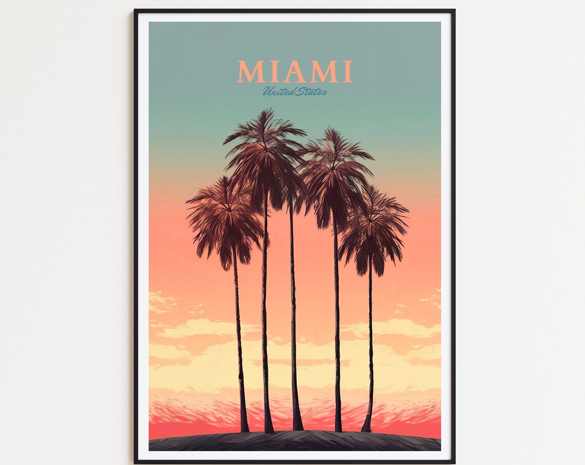 Miami Travel Poster Miami Poster Palm Tree Poster Travel Poster United States Poster Usa Poster Art Print