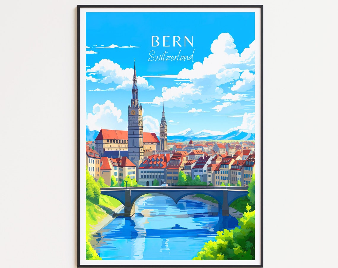 Bern Switzerland Cathedral River Bridge Old Town Vintage Travel Poster