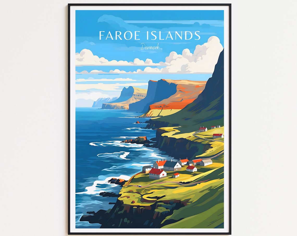 Faroe Islands Denmark Coastal Cliffs Village Vintage Travel Poster