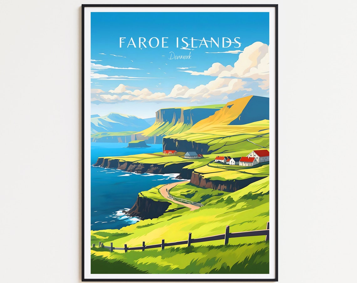 Faroe Islands Denmark Green Cliffs Village Vintage Travel Poster