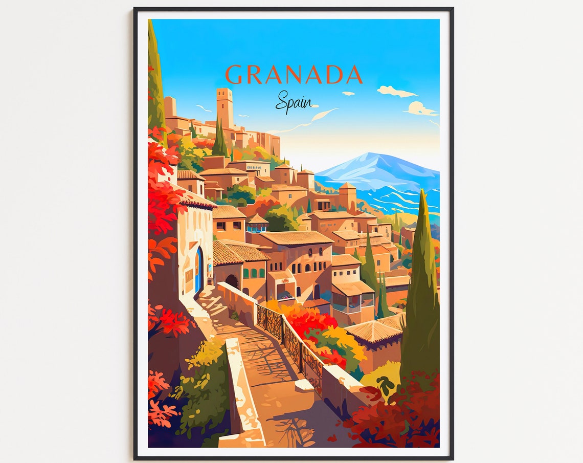 Granada Spain Travel Poster Hilltop Fortress Red Blooms Sierra View
