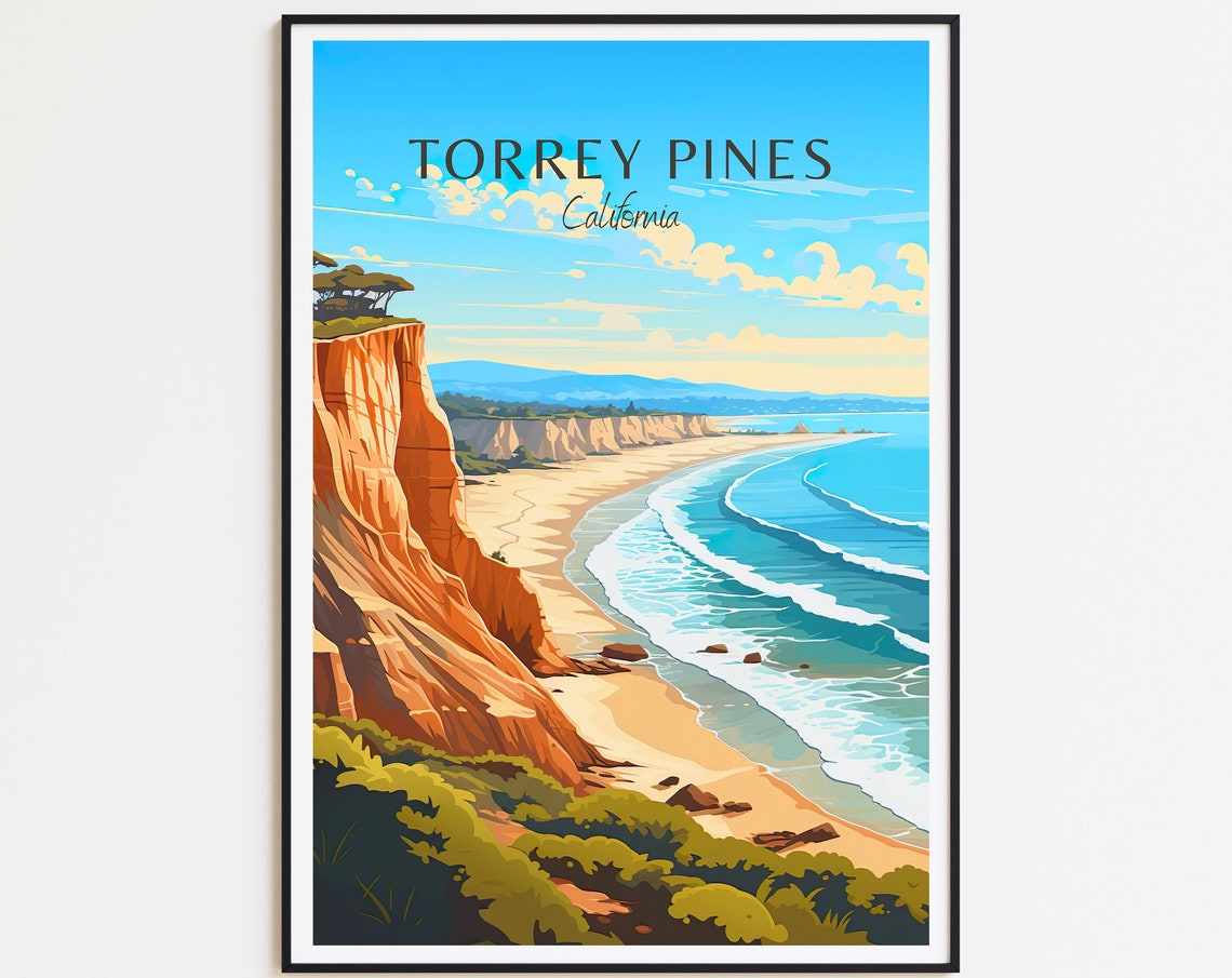 Torrey Pines California Coastal Cliffs Beach Vintage Travel Poster
