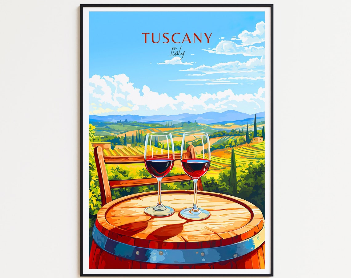 Tuscany Italy Travel Poster Wine Glasses Vineyard Hills Sunset Art