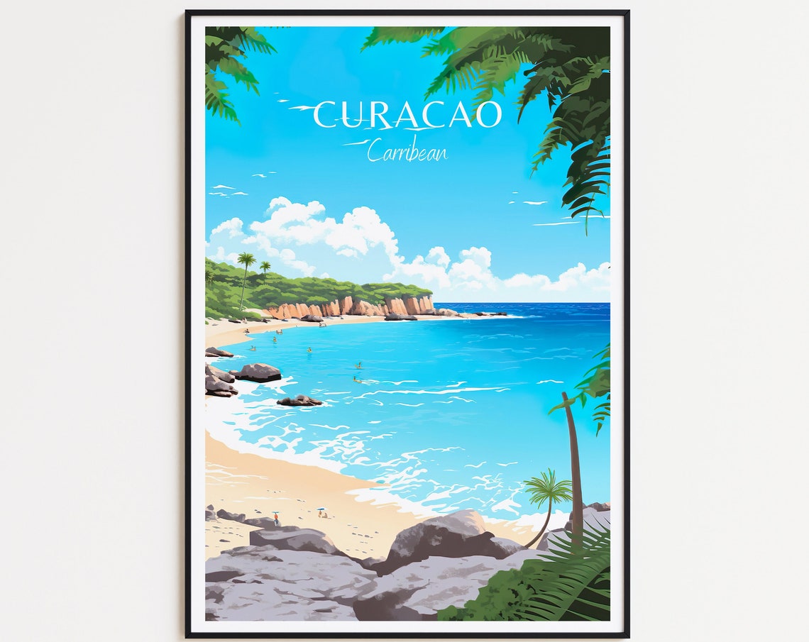 Curacao Caribbean Tropical Beach Bay Sandy Shoreline Travel Poster