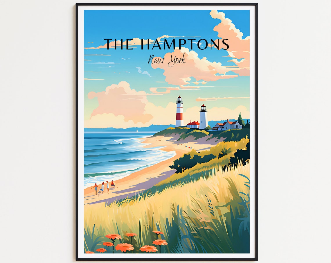 The Hamptons New York Twin Lighthouses Beach Dunes Travel Poster