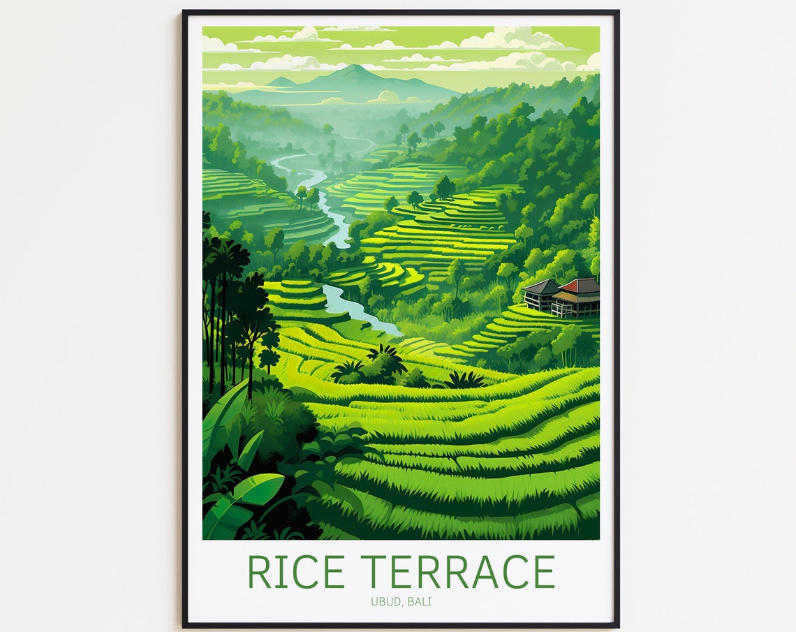 Ubud Bali Rice Terraces Lush Green Valley Scenic Travel Poster