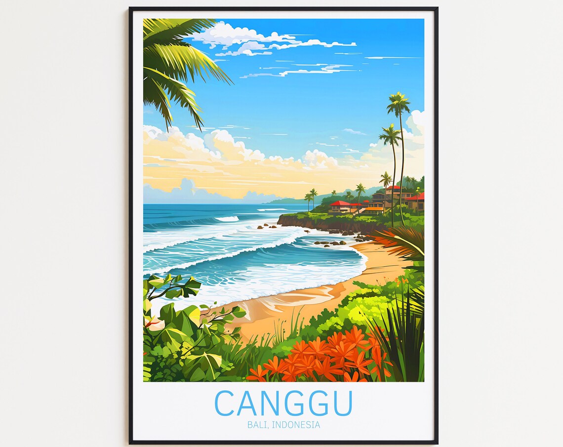 Canggu Bali Indonesia Golden Beach Flowers Vintage Travel Poster