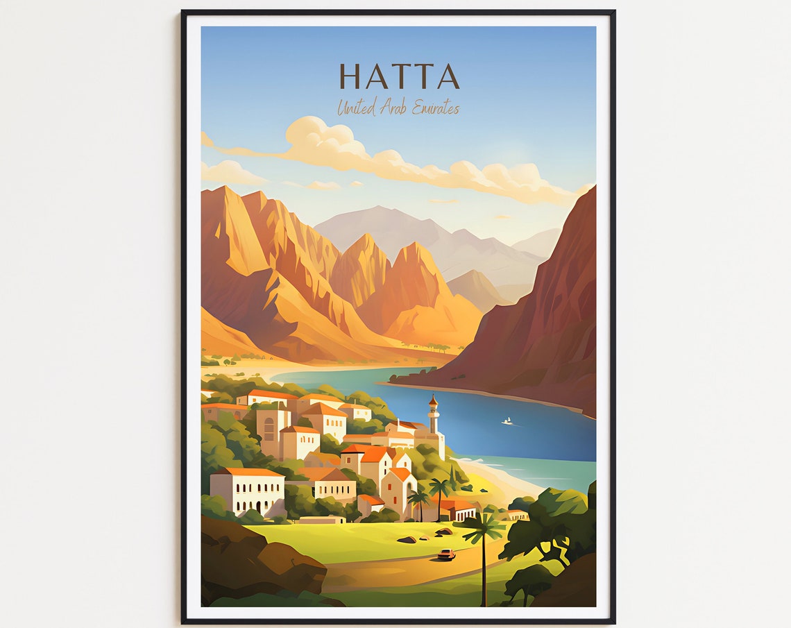 Hatta UAE Mountain Village Lake Golden Hajar Peaks Travel Poster