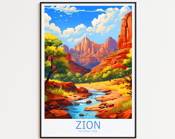 Zion National Park Red Cliffs Desert River Canyon Vintage Poster