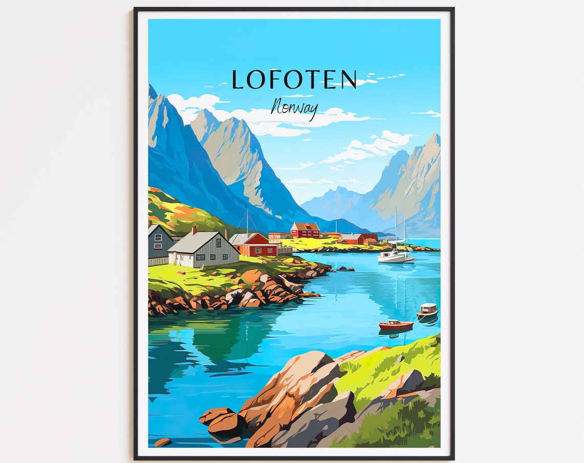 Lofoten Norway Fishing Village Mountain Harbor Boats View Poster