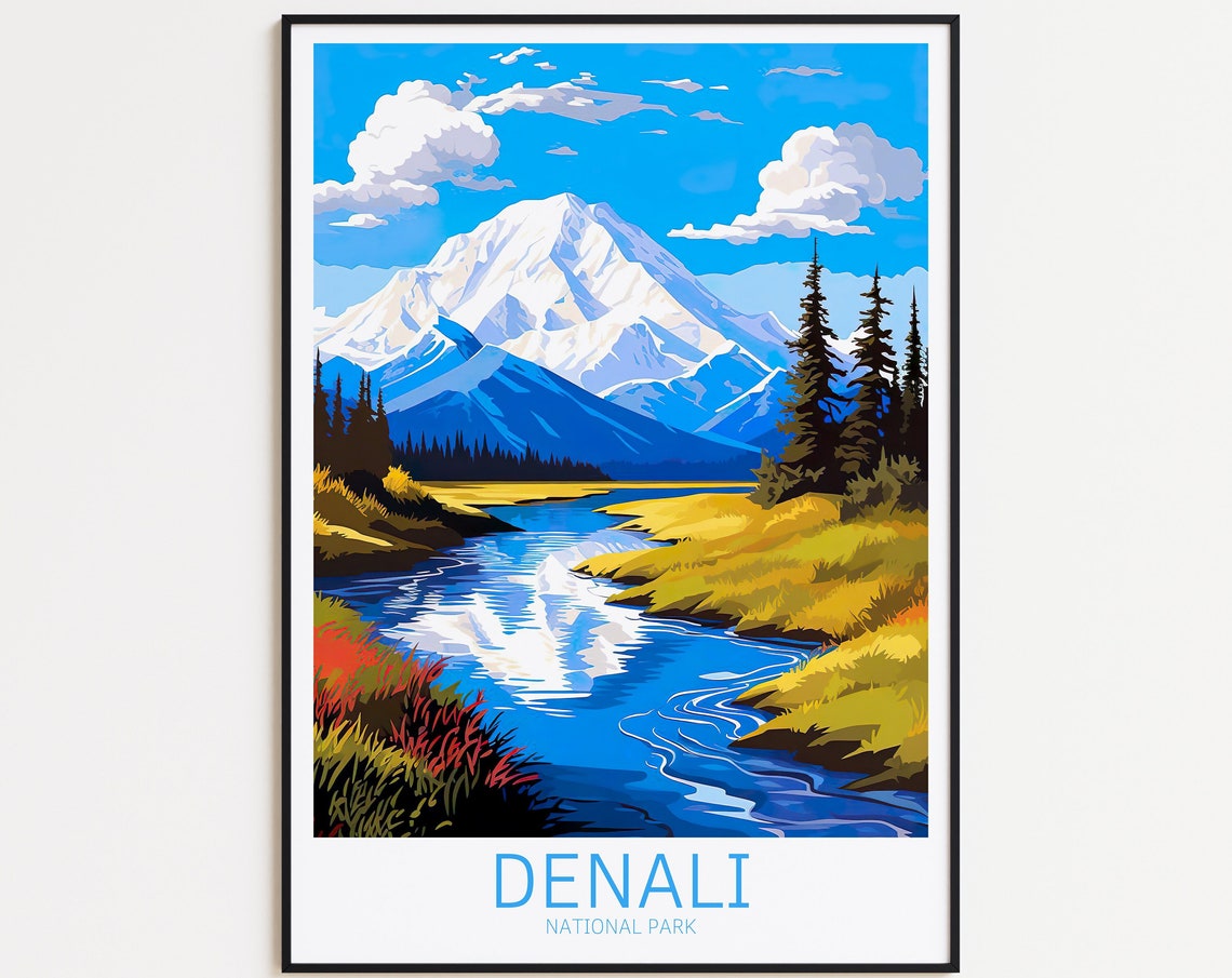 Denali National Park Snow Peak River Reflection Vintage Travel Poster