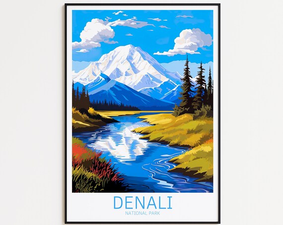 Denali National Park Snow Peak River Reflection Vintage Travel Poster