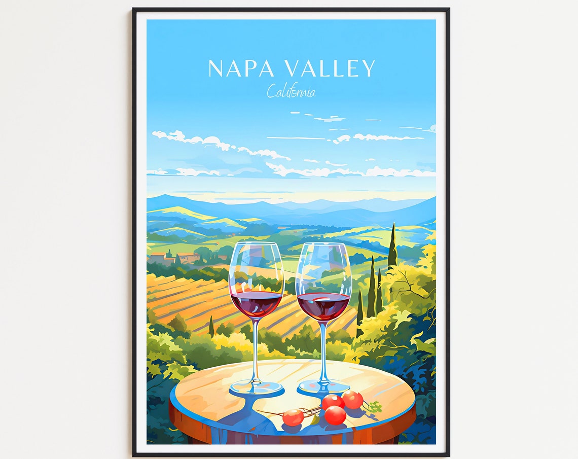 Napa Valley California Travel Poster Wine Glasses Vineyard Sunset Art