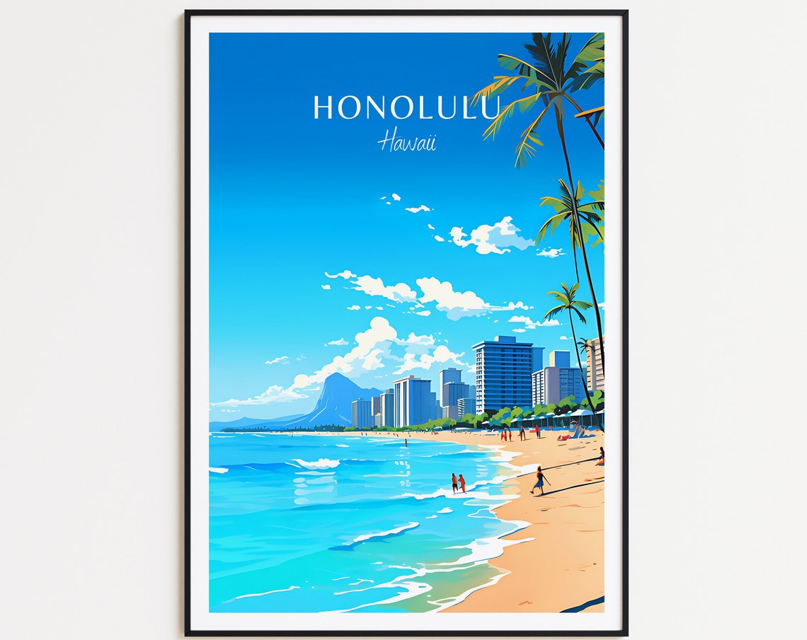 Honolulu Hawaii Waikiki Beach Palms Vintage Travel Poster Artwork