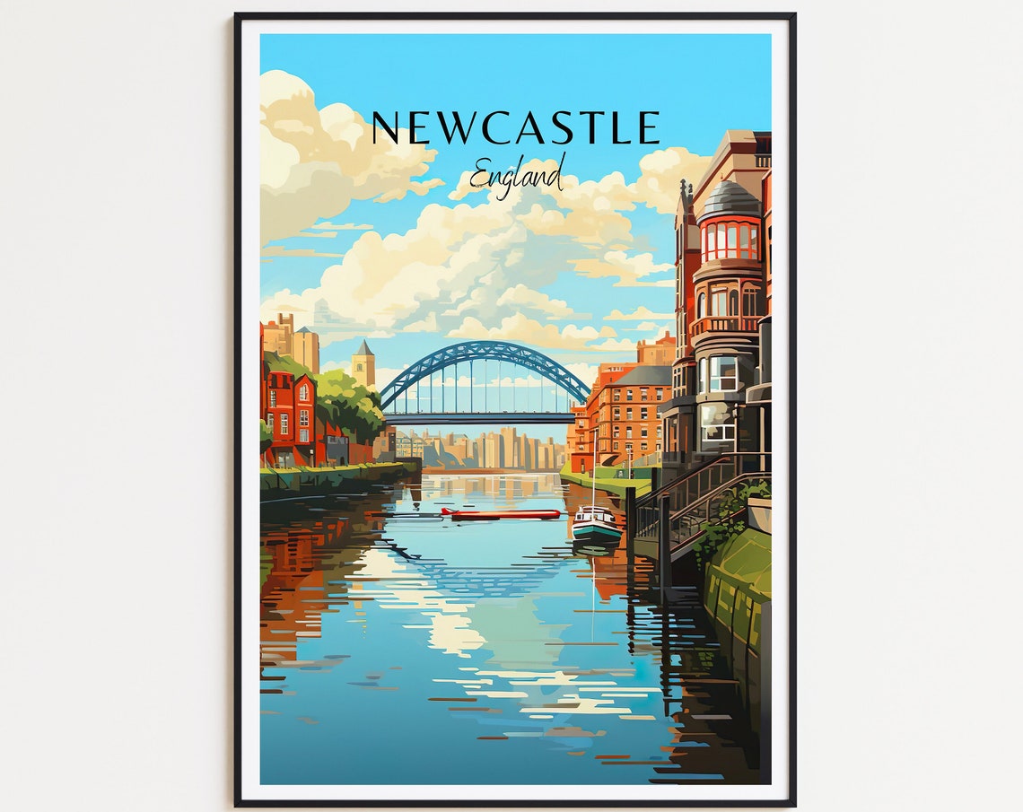 Newcastle England Travel Poster Tyne Bridge Quayside River Boats Art