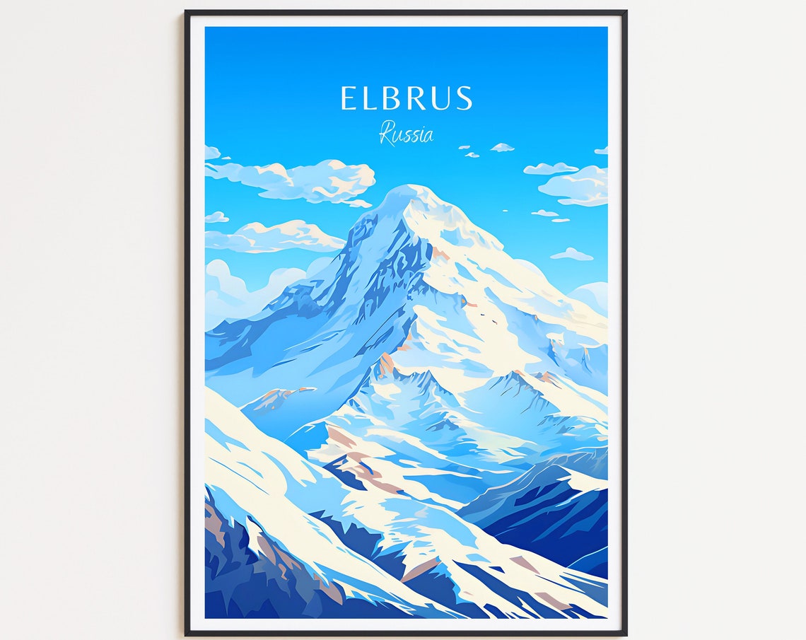 Mount Elbrus Russia Travel Poster Snow Capped Summit Alpine View Art