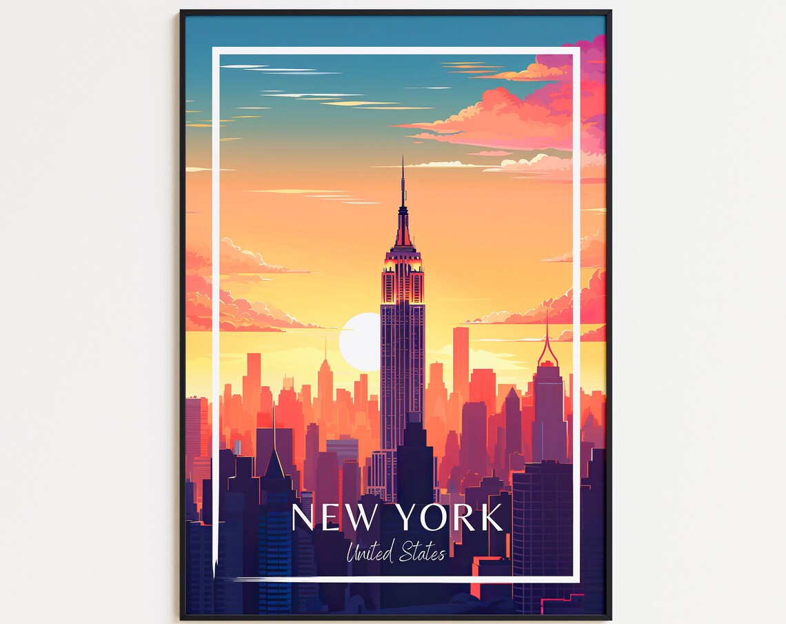 New York City Empire State Building Sunset Skyline Travel Poster