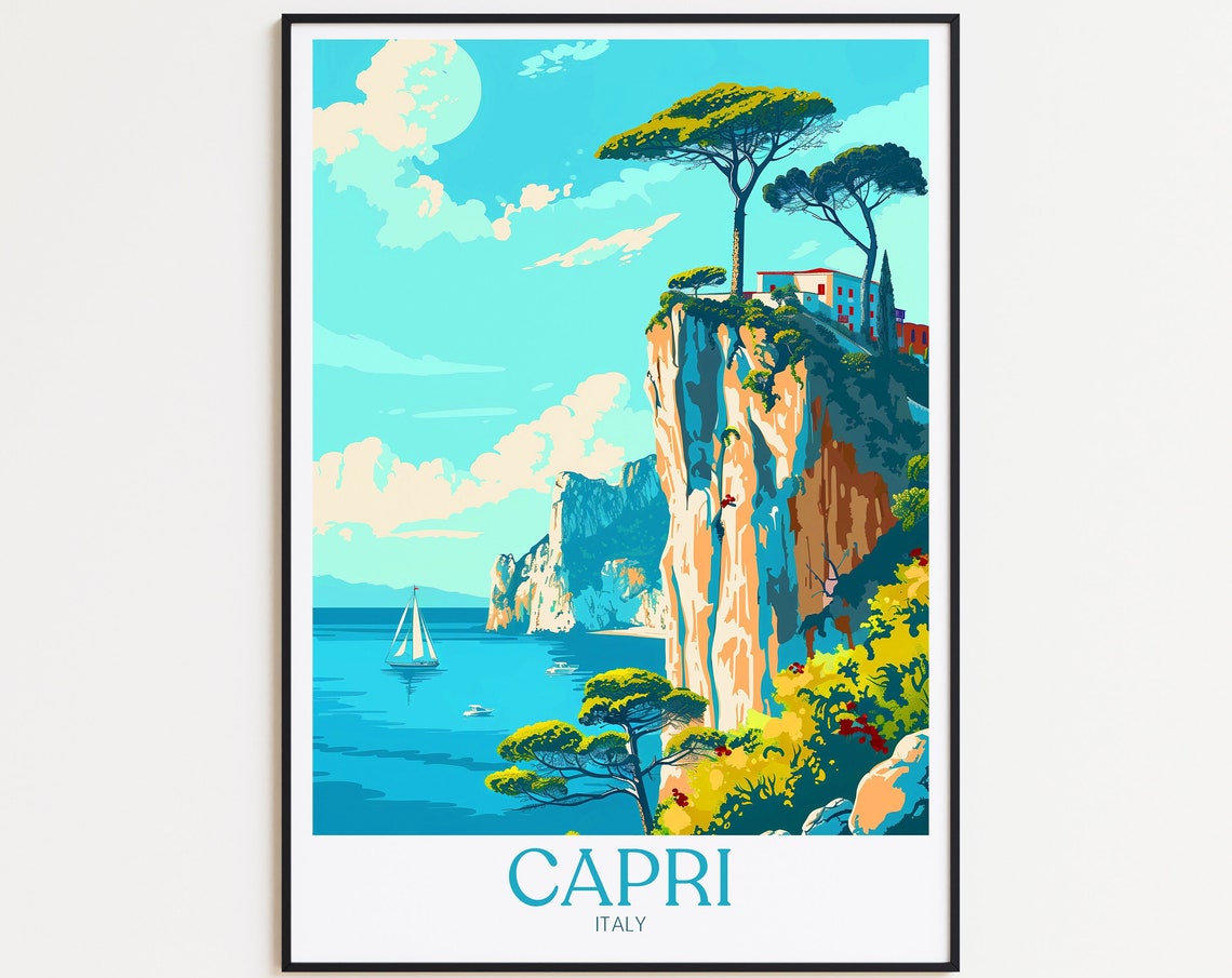 Capri Italy Sea Cliffs Stone Pines Sailboats Turquoise Bay Poster