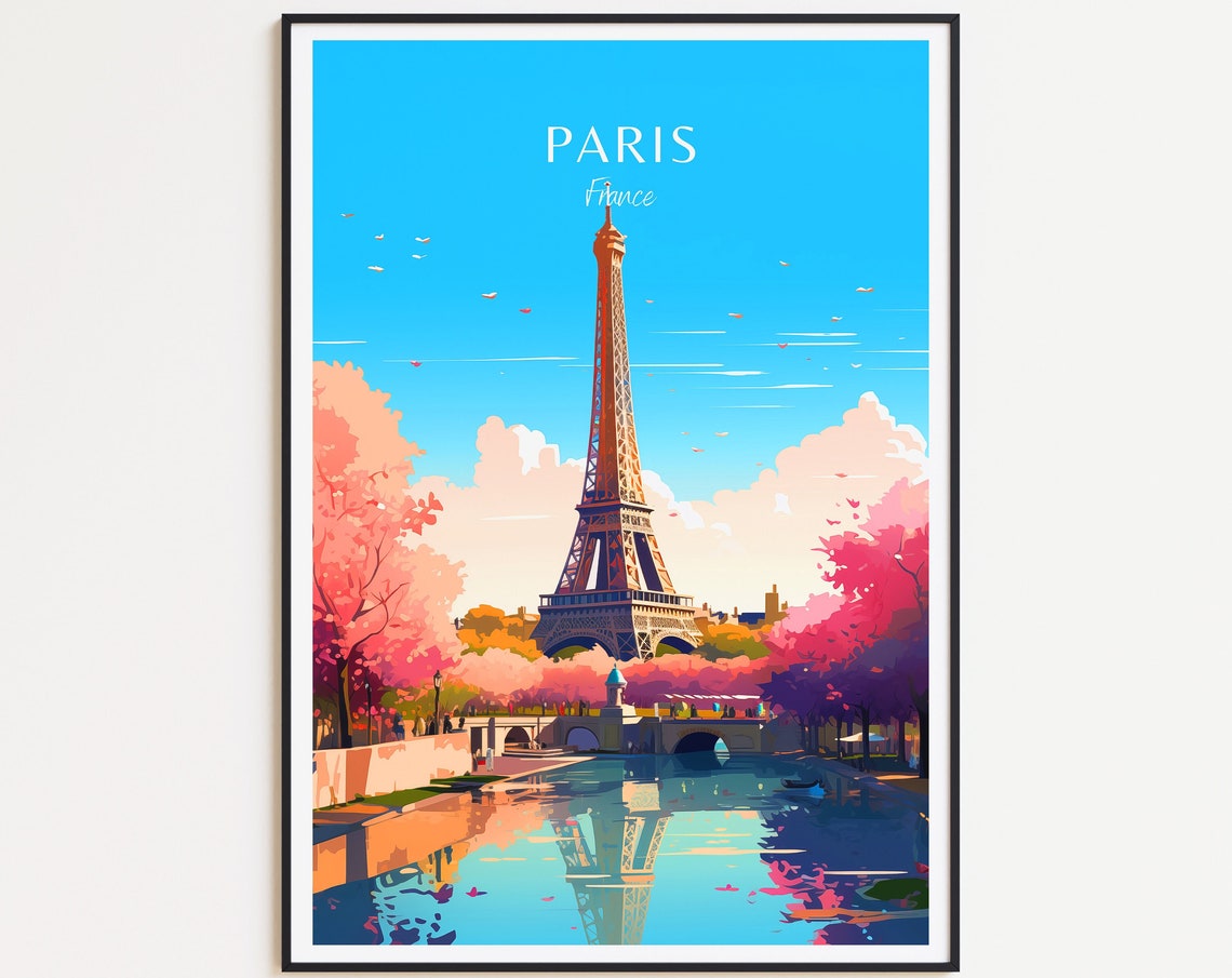 Paris France Eiffel Tower Spring Blossom Vintage Travel Poster