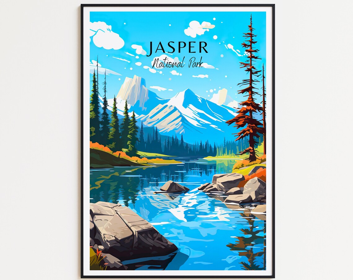 Jasper National Park Blue Lake Peaks Evergreen Cabin Nature Travel Poster