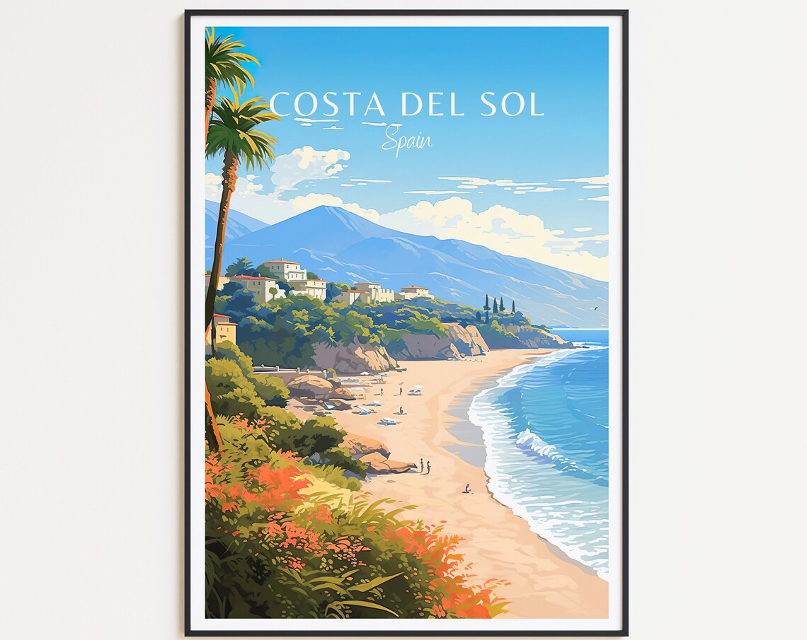 Costa Del Sol Spain Travel Poster Sunny Beach Palms White Villas Art