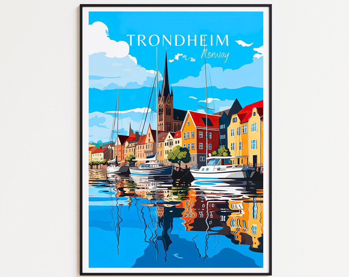Trondheim Norway Travel Poster Harbor Boats Cathedral Spire View
