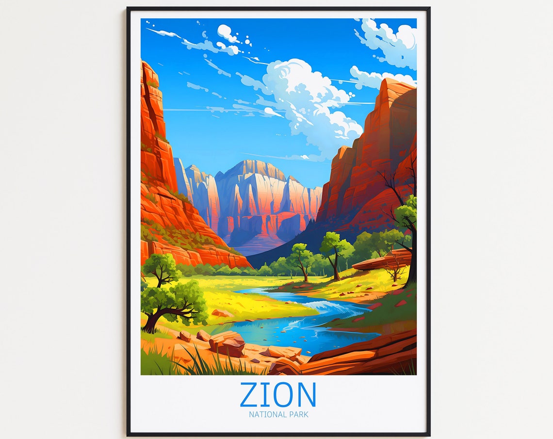 Zion National Park Red Canyon River Cliffs Vintage Travel Poster