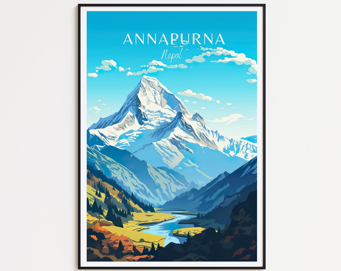 Annapurna Nepal Snow Peak Himalayan Valley Retro Travel Art Poster