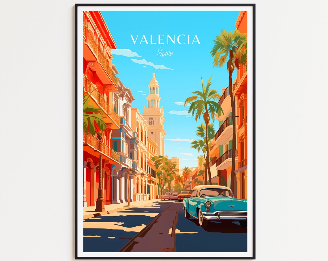 Valencia Spain Palm Street Classic Cars Vintage City Center Poster