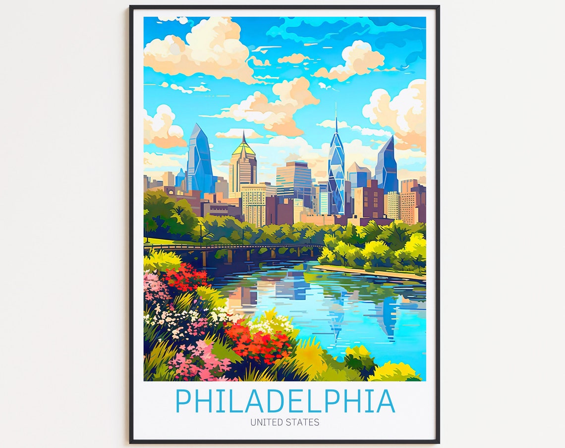 Philadelphia United States Skyline River Gardens Travel Poster