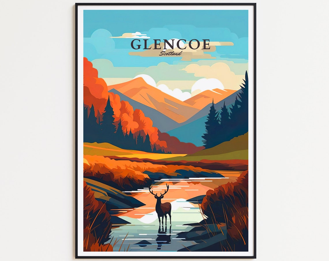Glencoe Scotland Stag Stream Autumn Highland Scene Travel Poster