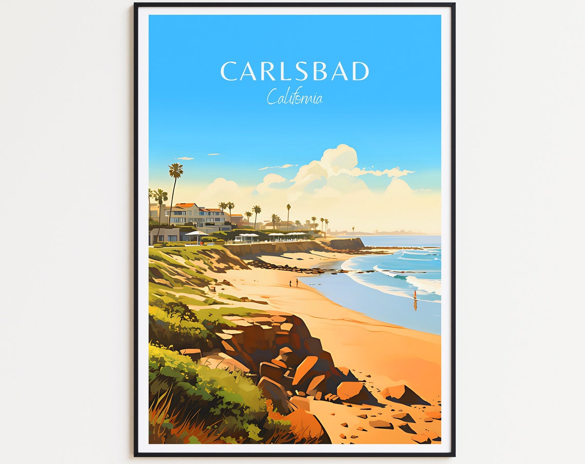 Carlsbad California Beach Cliffs Palms Surfer Coast Art Poster