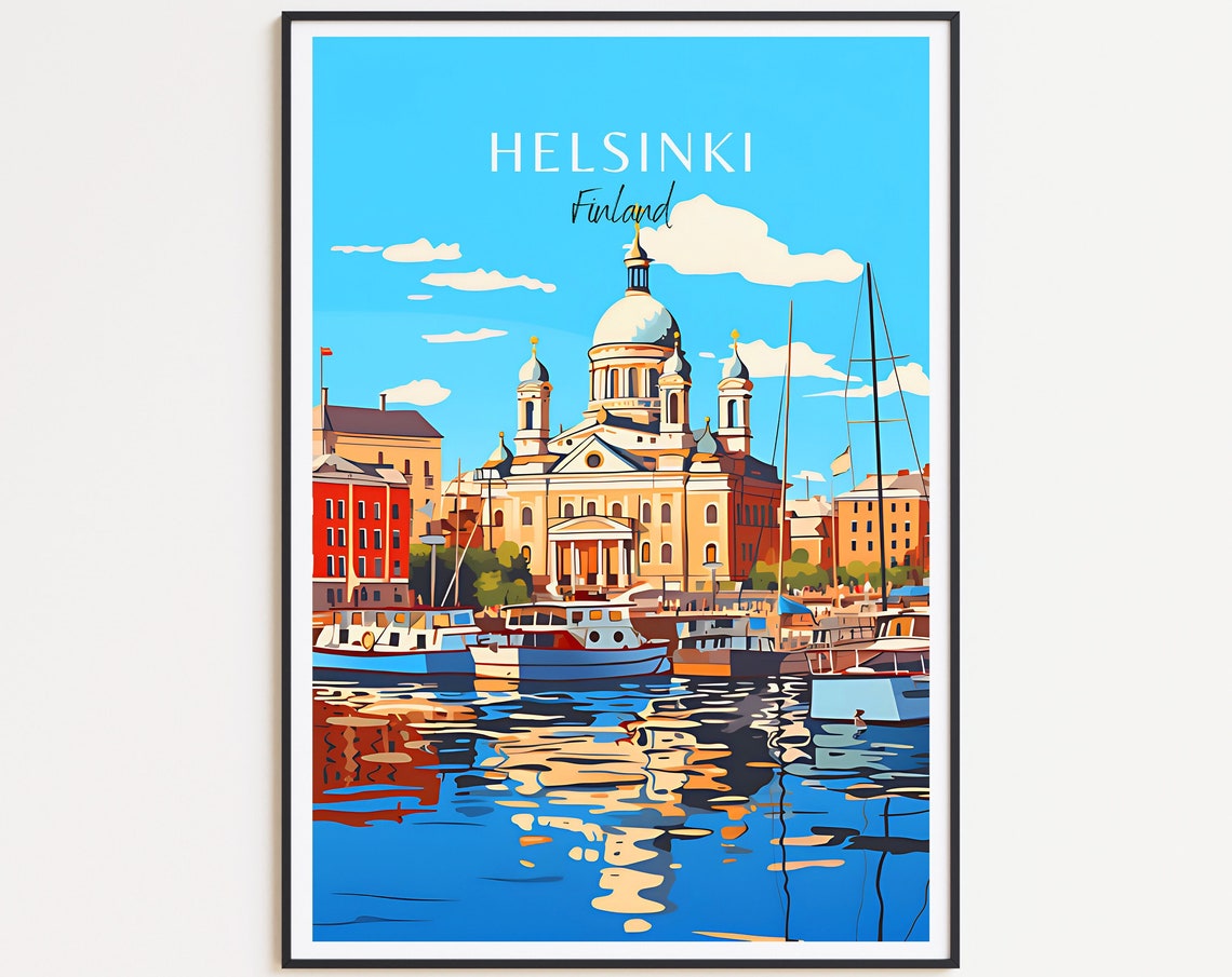 Helsinki Finland Harbor Boats Cathedral Domes Waterfront Poster