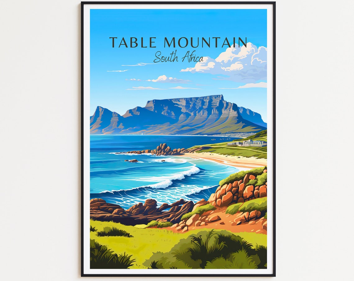 Table Mountain South Africa Coastal Cliffs Ocean Waves Travel Poster