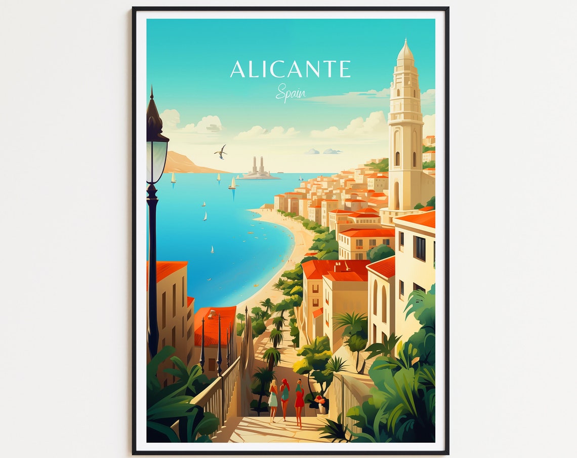 Alicante Spain Beach Sailboats Old Town Vintage Travel Poster Art